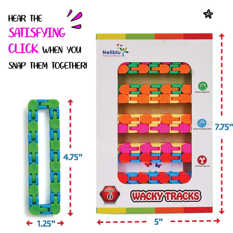 Neliblu Wacky Tracks 6 Pack Sensory Fidget Toys Snap and Click Fidget Cube Puzzles Bulk - ADHD, Autism, Stress Relief Therapy - Fidget Toys for Sensory Kids, Keeps Fingers Busy and Minds Focused - Image 3